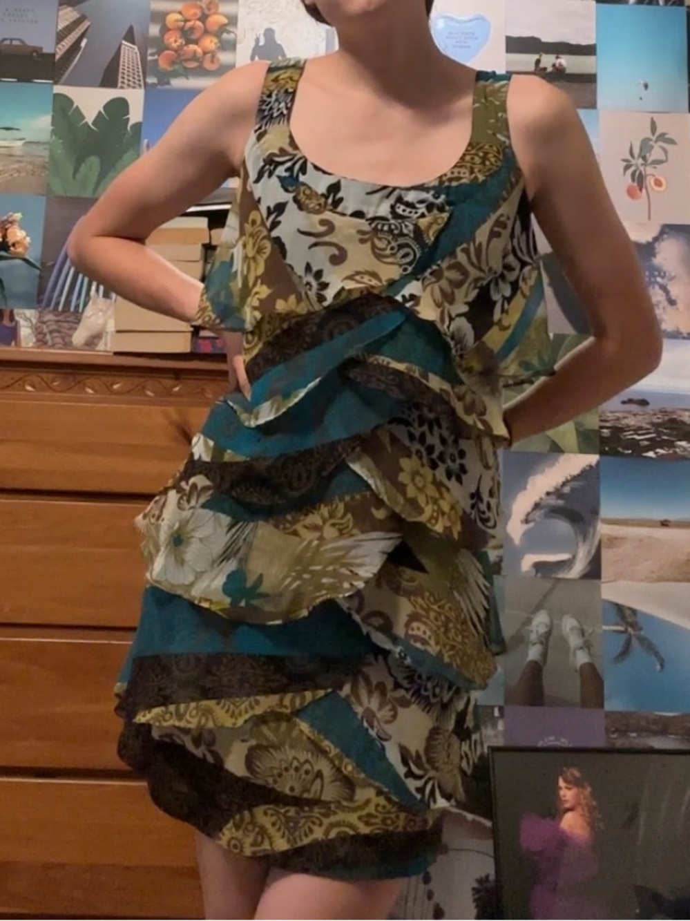 Dressbarn Floral Tiered Dress in Teal, Olive & Black